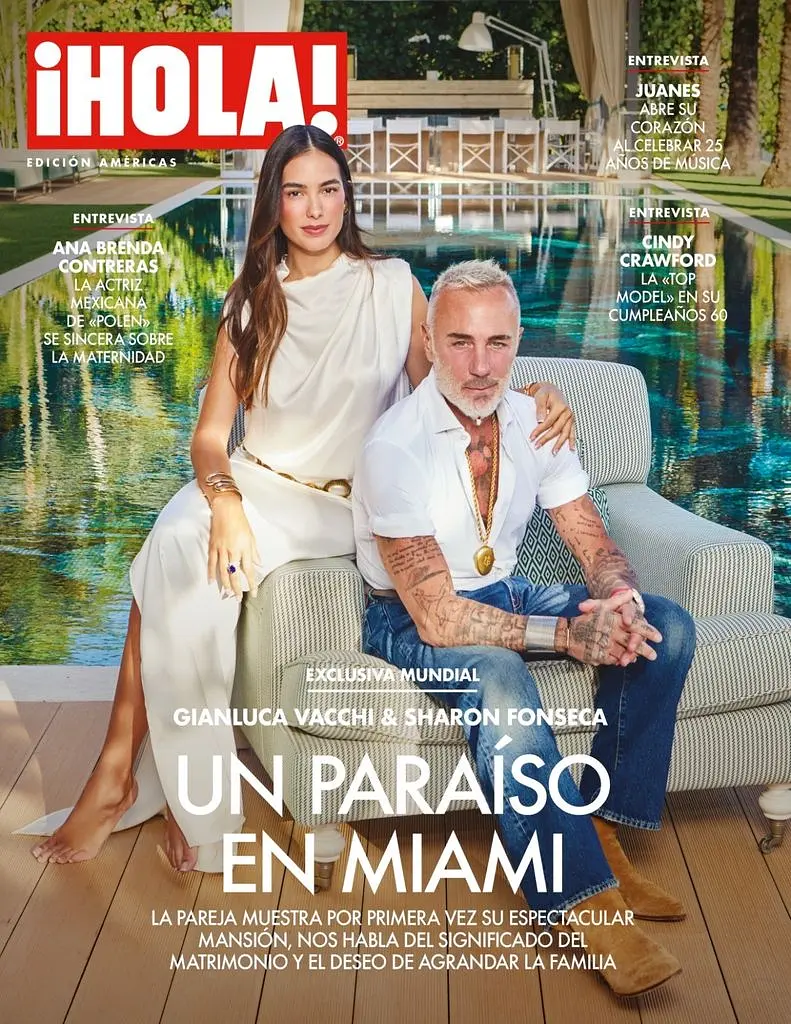 Sharon and Gianluca on the cover of ¡HOLA! Américas beside their Miami pool.