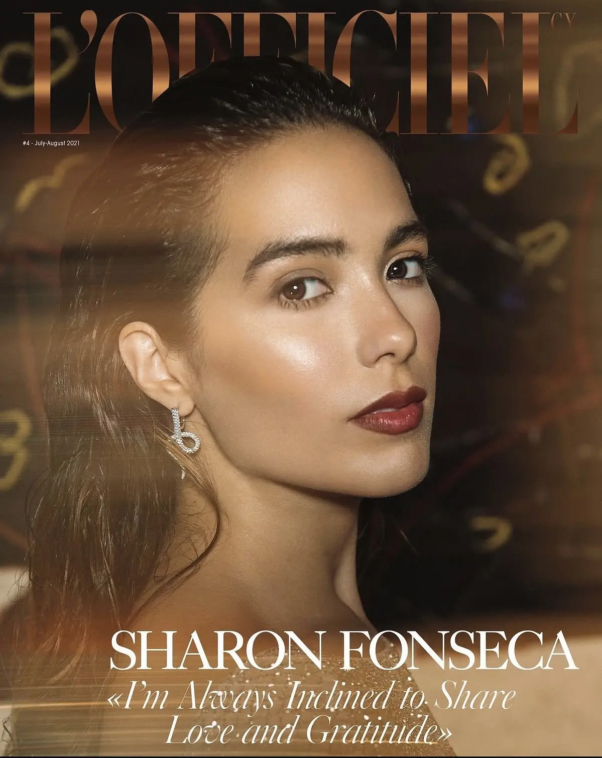 Sharon on the gold-toned July–August 2021 cover of L’Officiel Cyprus.