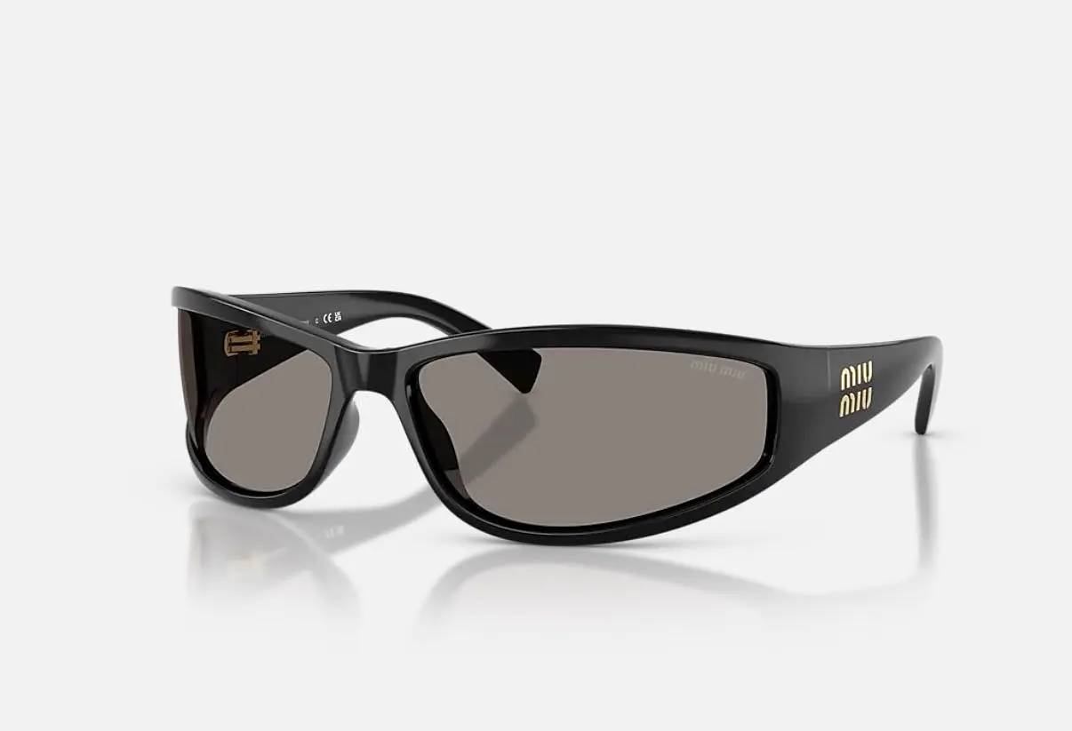 Black Miu Miu MU C06SU sunglasses with dark lenses and gold-tone temple logos.