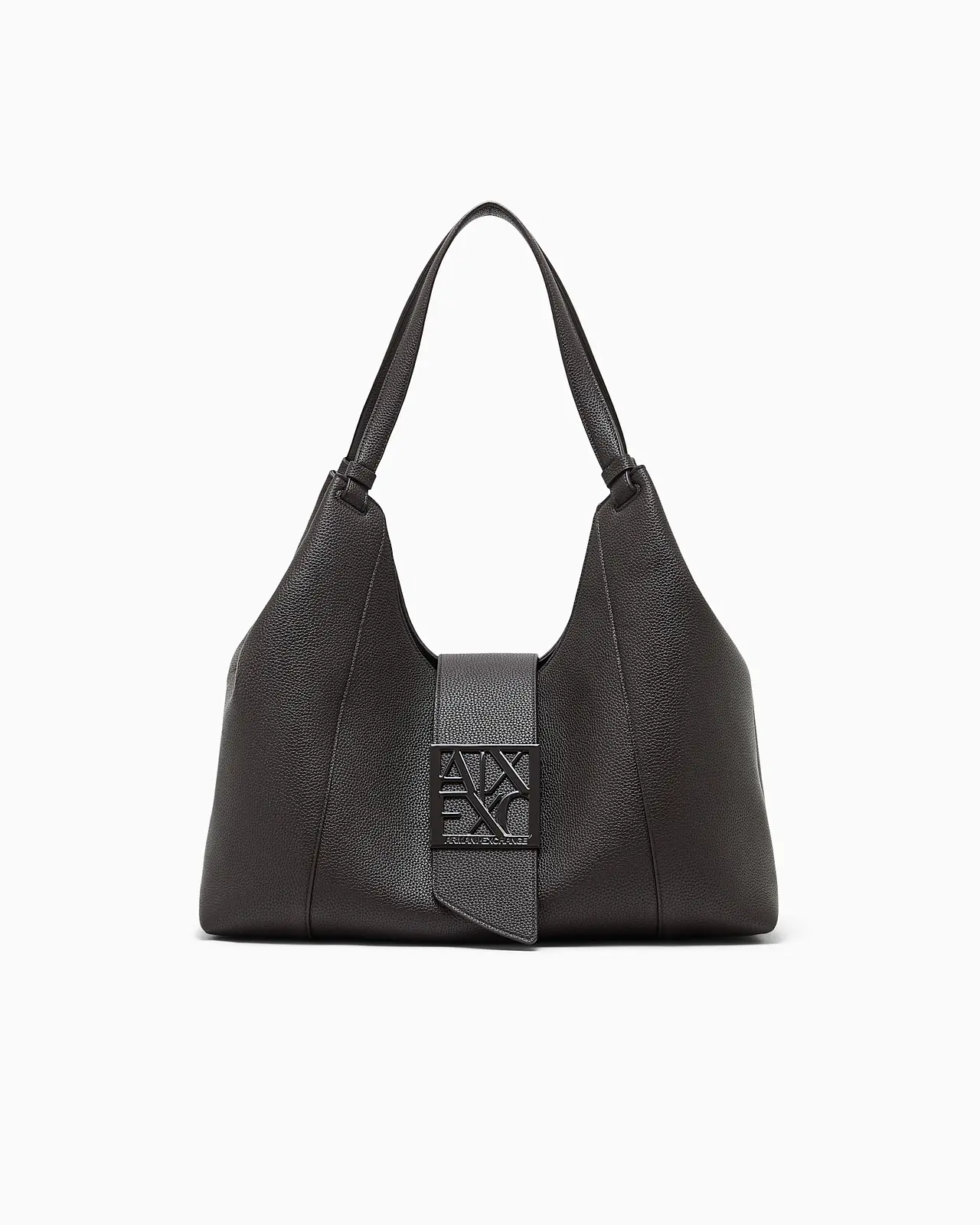 Black Armani Exchange hobo shoulder bag with a wide strap and an A|X logo tab.