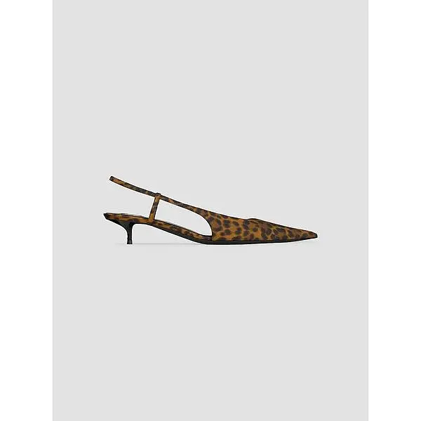 Saint Laurent Secret leopard-print slingback pump with a pointed toe and low heel.