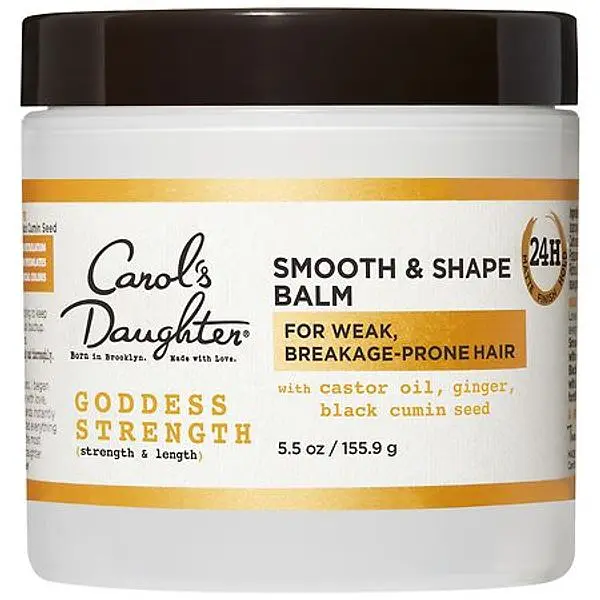 Carol’s Daughter Goddess Strength Smooth & Shape Balm in a white jar with a dark lid.