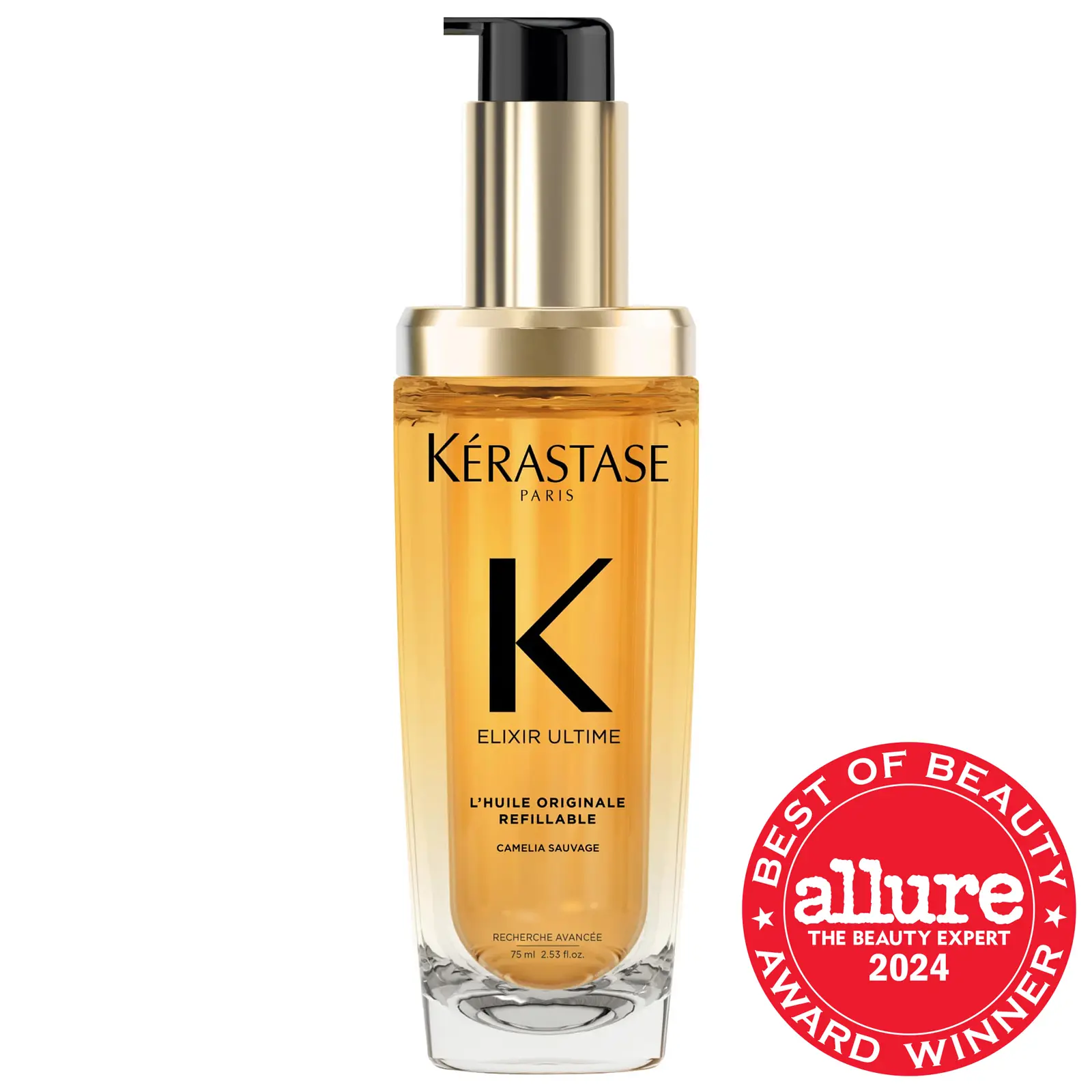 Golden Kérastase Elixir Ultime hair oil bottle beside an Allure Best of Beauty 2024 badge.