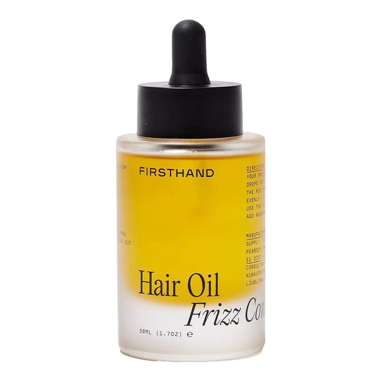Firsthand Supply Hair Oil in a clear bottle with a yellow label and black dropper.