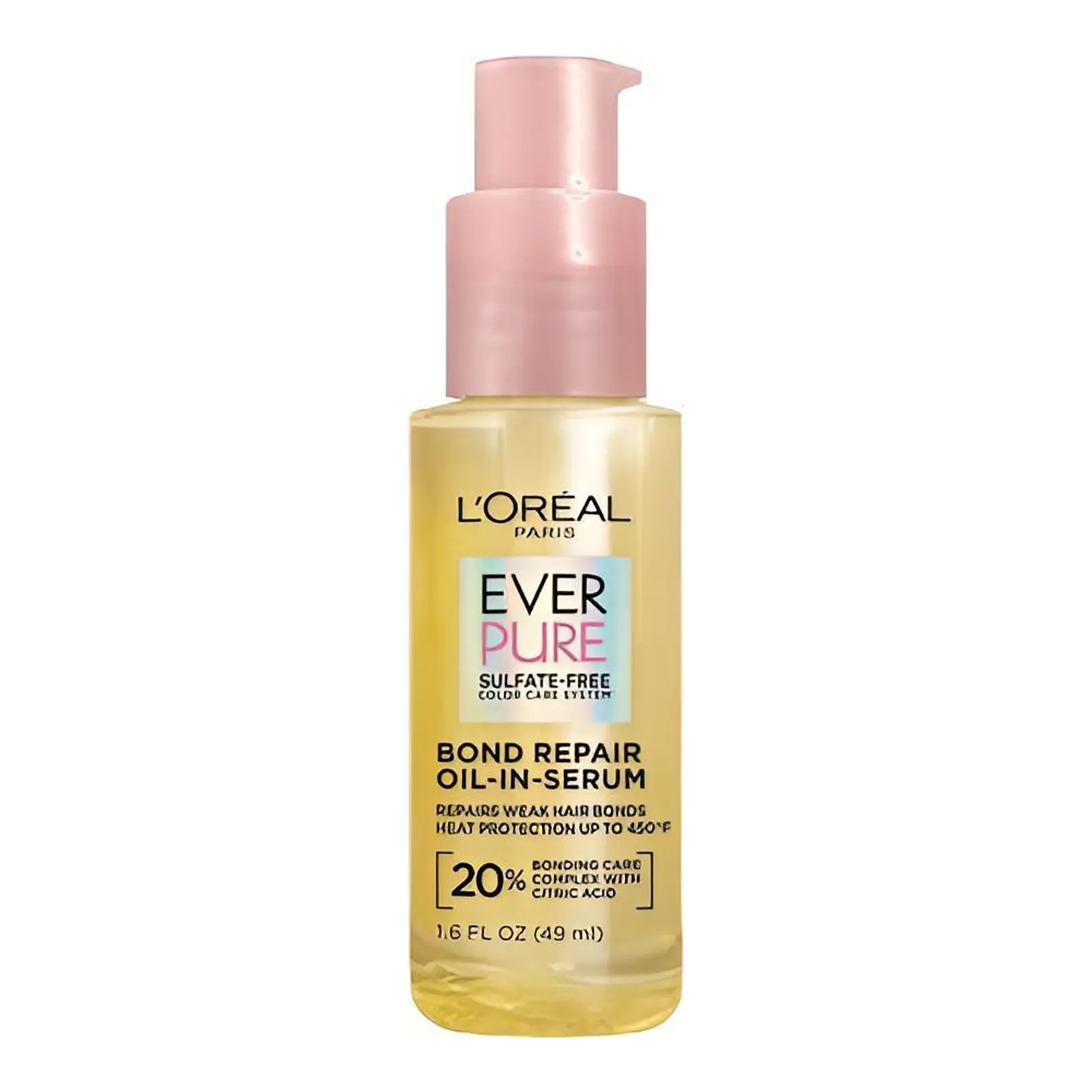 L’Oréal Paris EverPure Bond Repair Oil-in-Serum bottle with a pale pink pump.