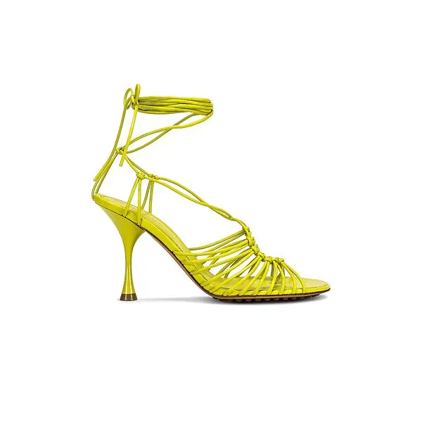 Bottega Veneta Dot sandals in bright kiwi with thin straps and ankle ties.