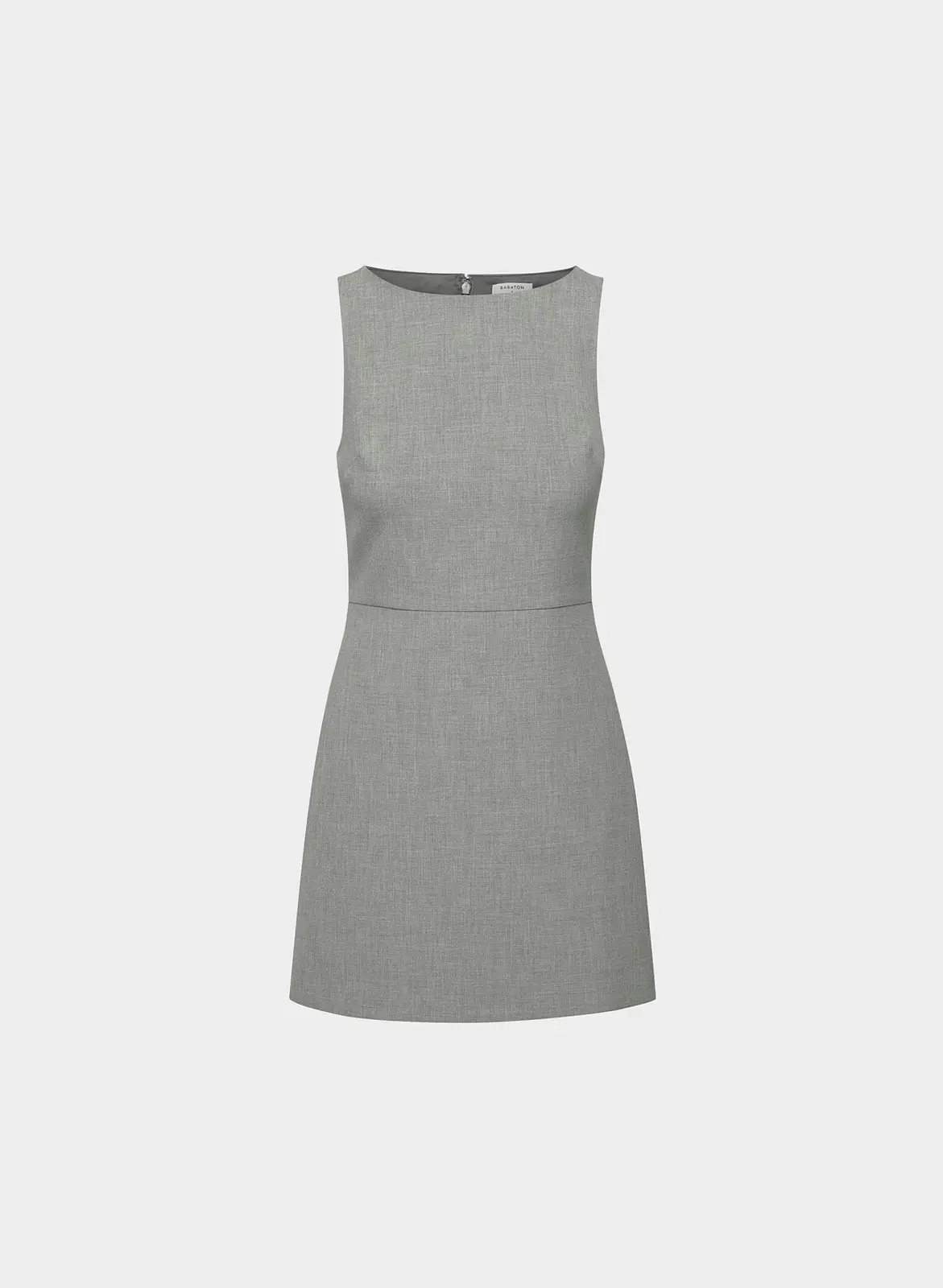 Grey sleeveless Aritzia Bond mini dress with a boat neckline and a flared skirt.