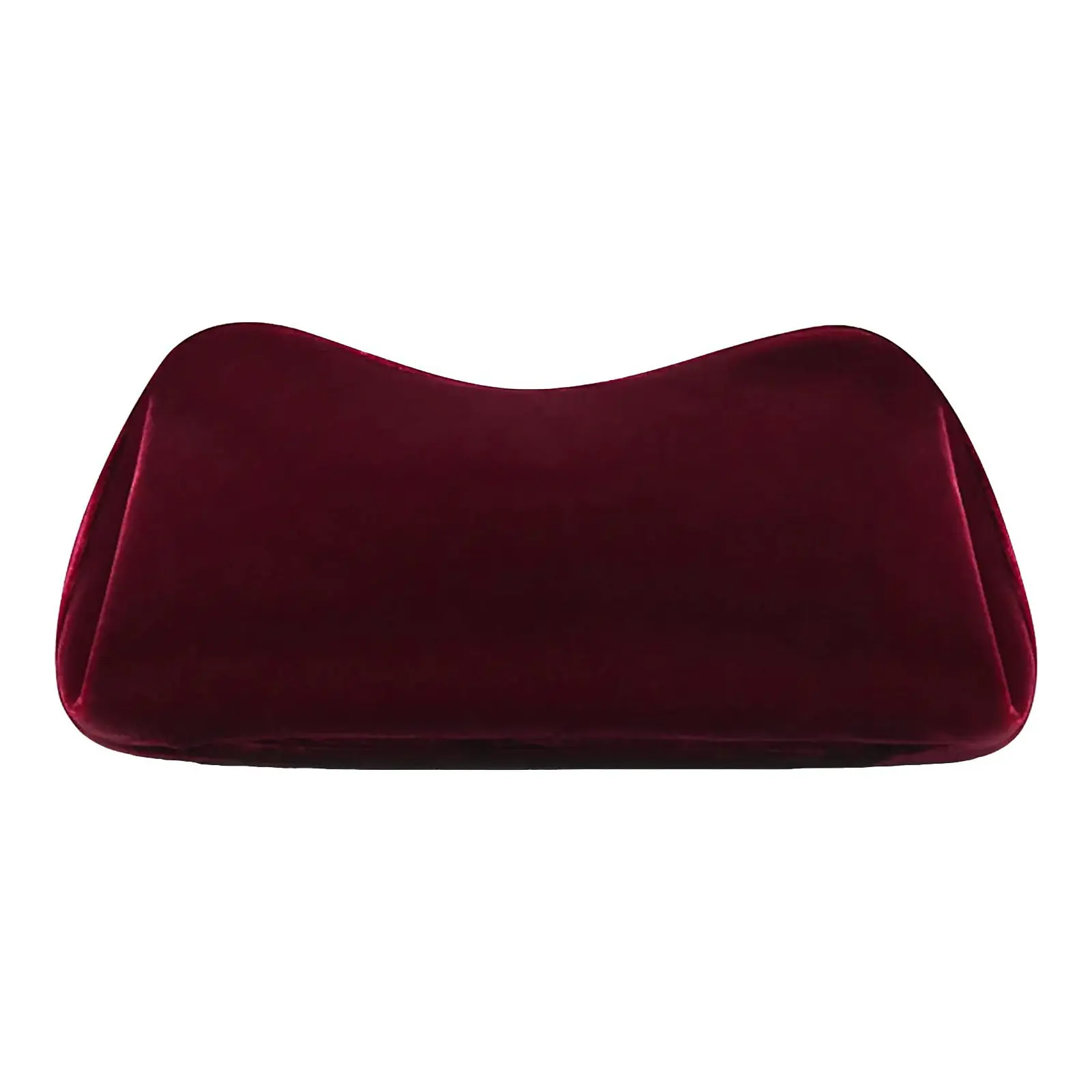 Burgundy Neous Ara velvet clutch with rounded corners and a curved opening.